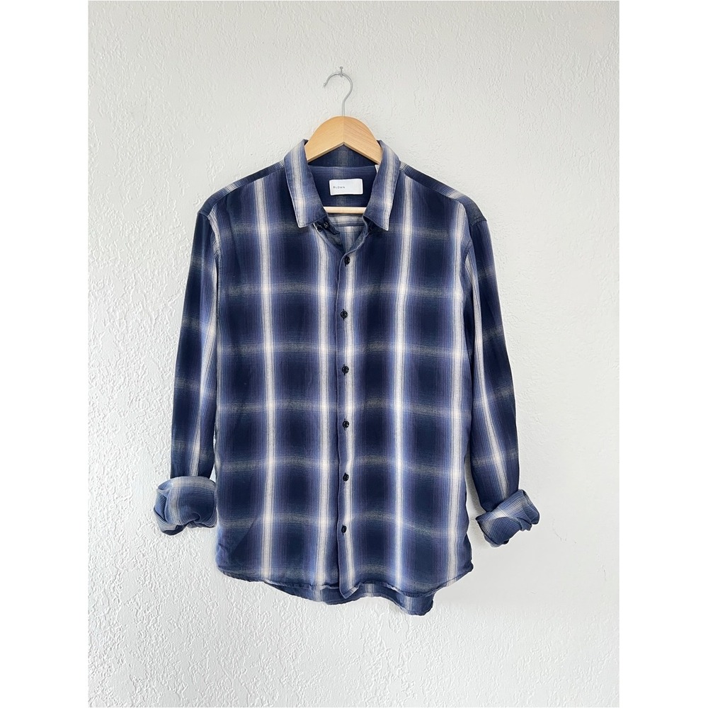 BLDWN Mens Navy Plaid Long Sleeve Button Down Shirt Blue White Small